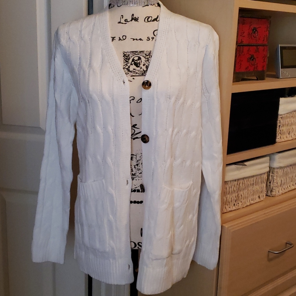 White Ribbed Cardigan 5-Button Cable Long Sweater Small NWOT
